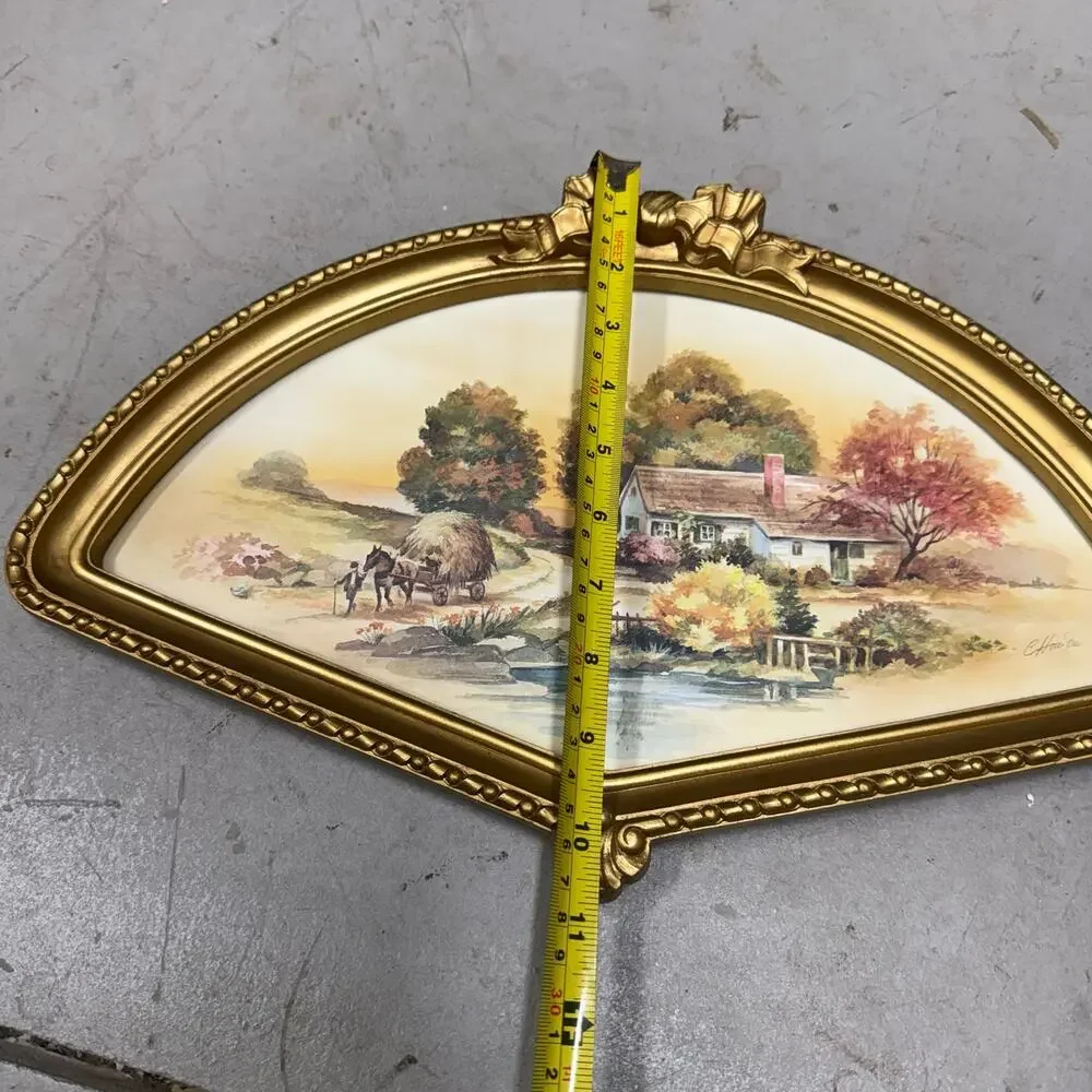VTG 1980’s Homco Fan Shaped Gold Frame Autumn Harvest Farm Picture Art 10